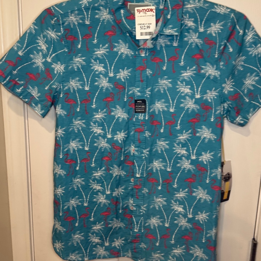 T.J.Maxx Teal and Red Palm Print Men's Shirt